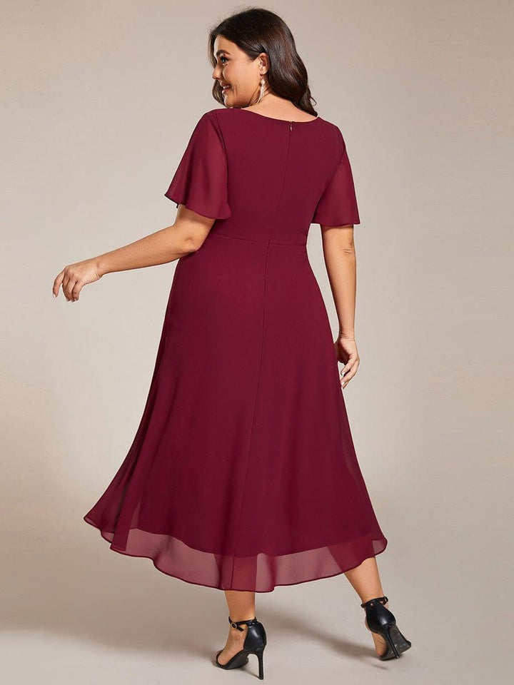 Maya|Ruffles Sleeve Pleated V-Neck A-Line Midi Chiffon Wedding Guest Dress