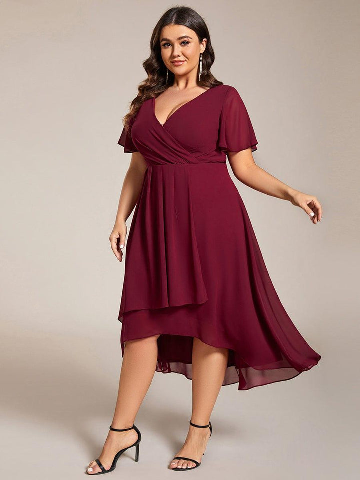 Maya|Ruffles Sleeve Pleated V-Neck A-Line Midi Chiffon Wedding Guest Dress