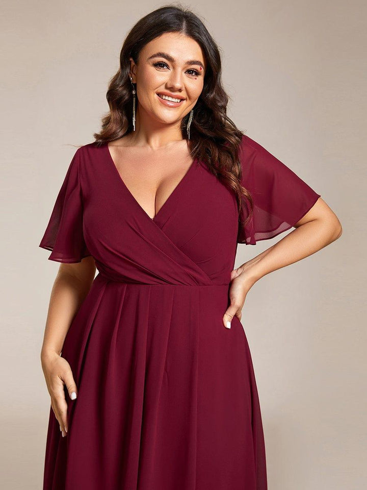 Maya|Ruffles Sleeve Pleated V-Neck A-Line Midi Chiffon Wedding Guest Dress