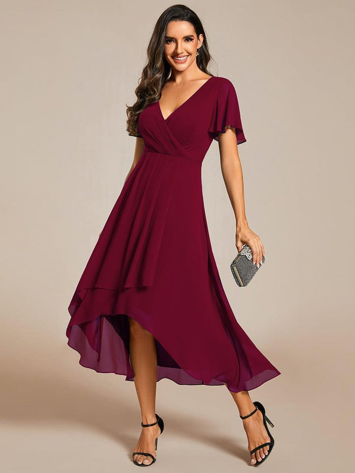 Maya|Ruffles Sleeve Pleated V-Neck A-Line Midi Chiffon Wedding Guest Dress