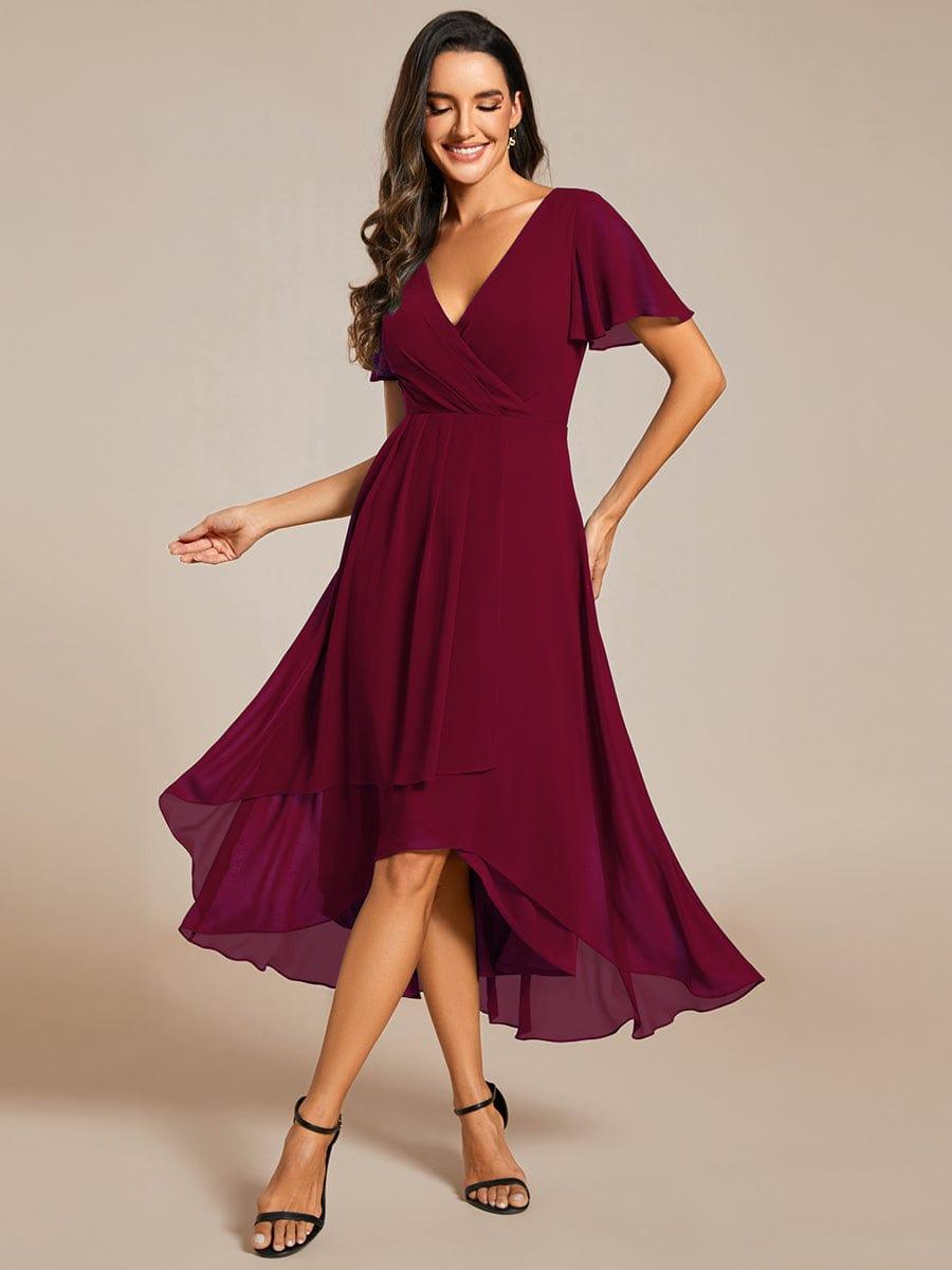 Maya|Ruffles Sleeve Pleated V-Neck A-Line Midi Chiffon Wedding Guest Dress