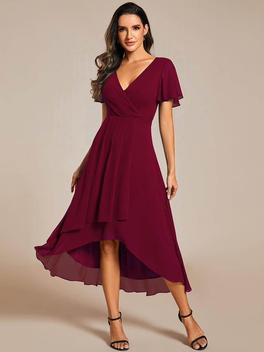 Maya|Ruffles Sleeve Pleated V-Neck A-Line Midi Chiffon Wedding Guest Dress