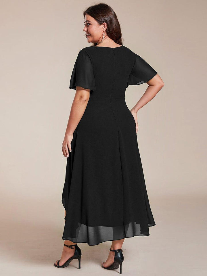 Maya|Ruffles Sleeve Pleated V-Neck A-Line Midi Chiffon Wedding Guest Dress