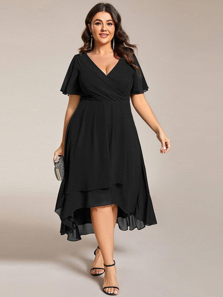 Maya|Ruffles Sleeve Pleated V-Neck A-Line Midi Chiffon Wedding Guest Dress