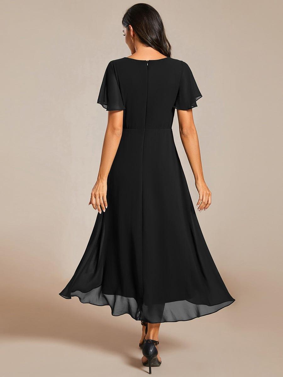 Maya|Ruffles Sleeve Pleated V-Neck A-Line Midi Chiffon Wedding Guest Dress