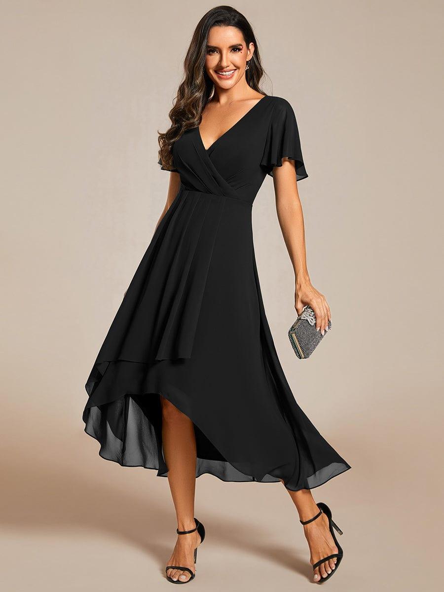 Maya|Ruffles Sleeve Pleated V-Neck A-Line Midi Chiffon Wedding Guest Dress