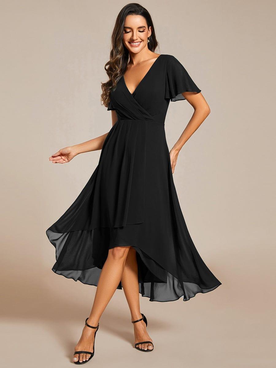 Maya|Ruffles Sleeve Pleated V-Neck A-Line Midi Chiffon Wedding Guest Dress