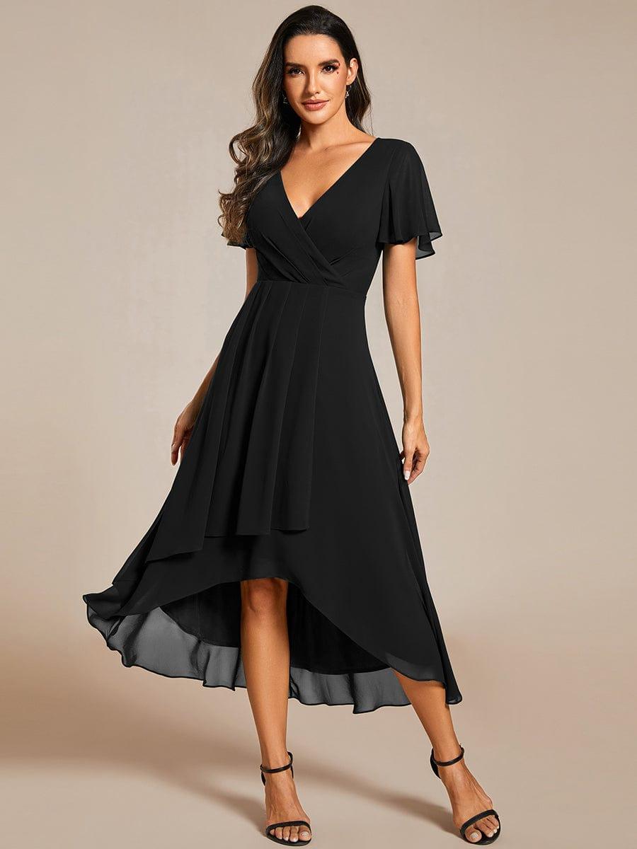 Maya|Ruffles Sleeve Pleated V-Neck A-Line Midi Chiffon Wedding Guest Dress