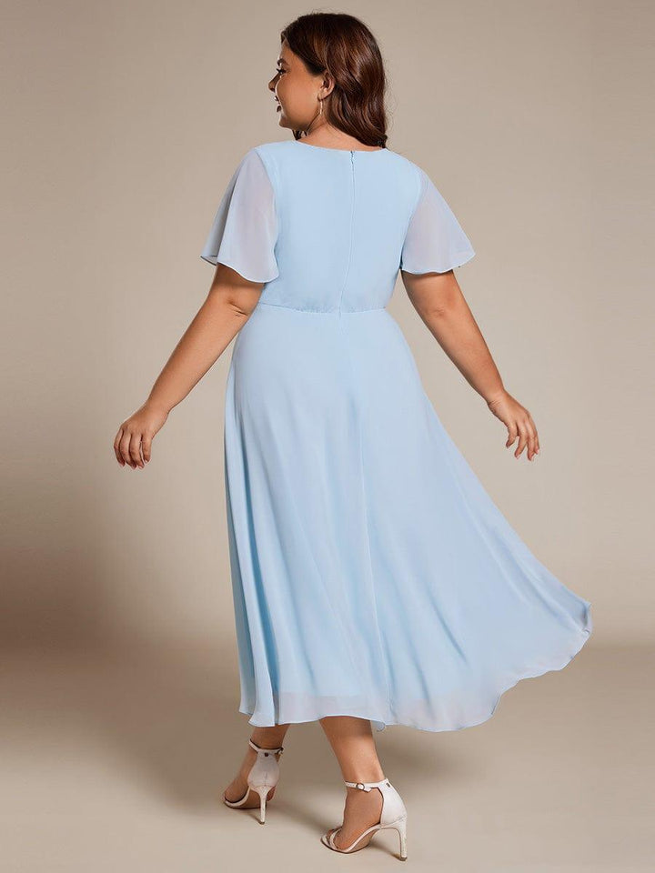 Maya|Ruffles Sleeve Pleated V-Neck A-Line Midi Chiffon Wedding Guest Dress