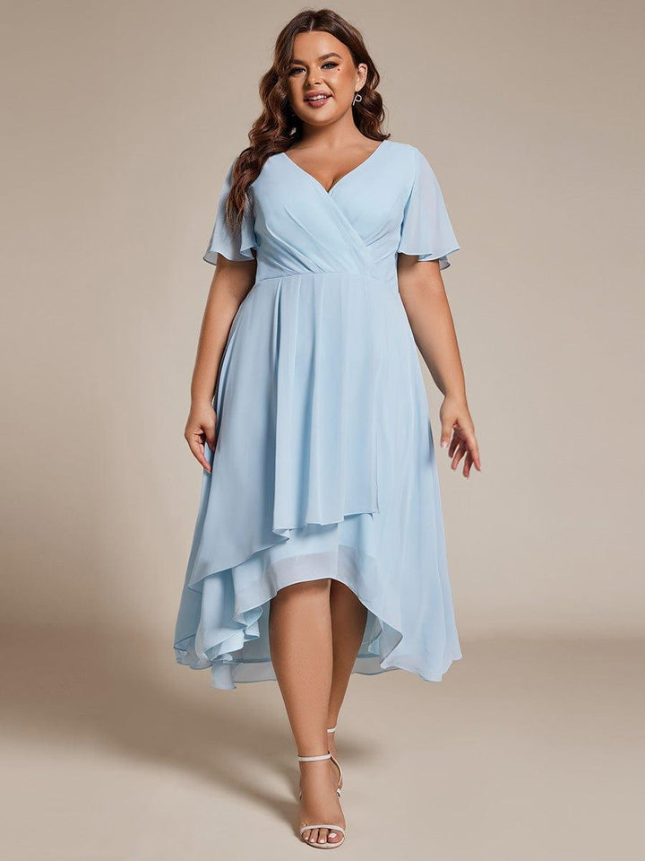 Maya|Ruffles Sleeve Pleated V-Neck A-Line Midi Chiffon Wedding Guest Dress