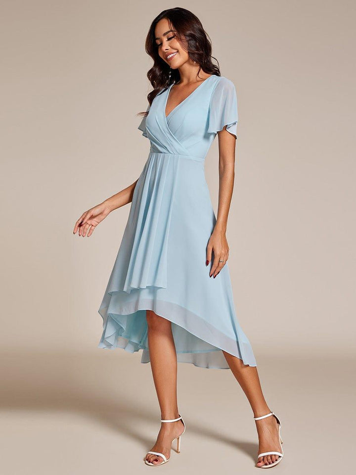 Maya|Ruffles Sleeve Pleated V-Neck A-Line Midi Chiffon Wedding Guest Dress