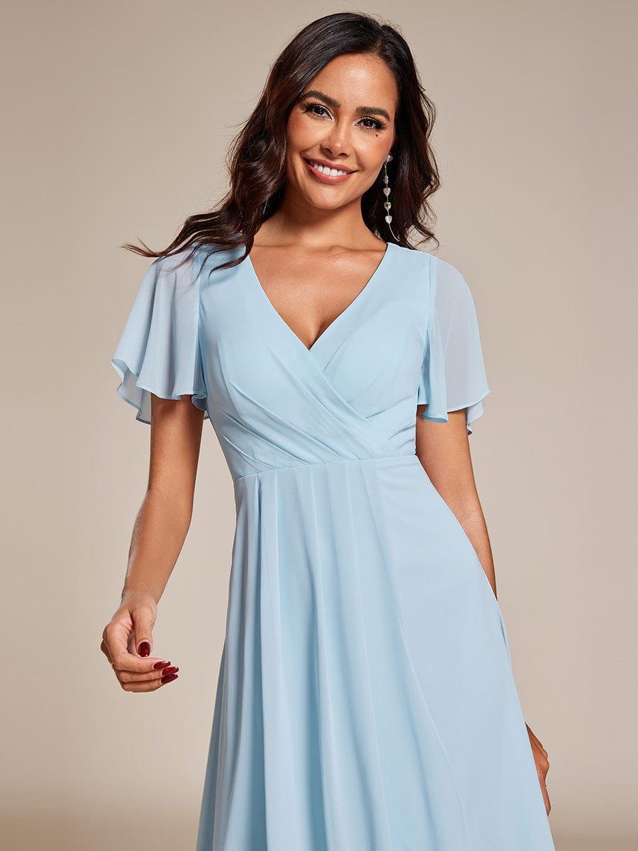 Maya|Ruffles Sleeve Pleated V-Neck A-Line Midi Chiffon Wedding Guest Dress