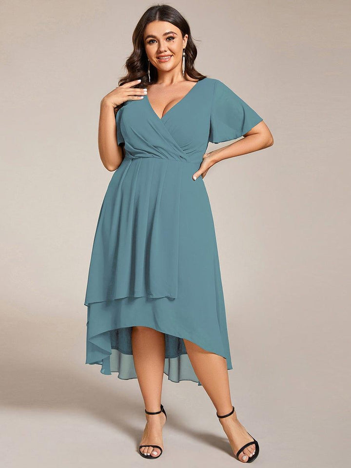Maya|Ruffles Sleeve Pleated V-Neck A-Line Midi Chiffon Wedding Guest Dress