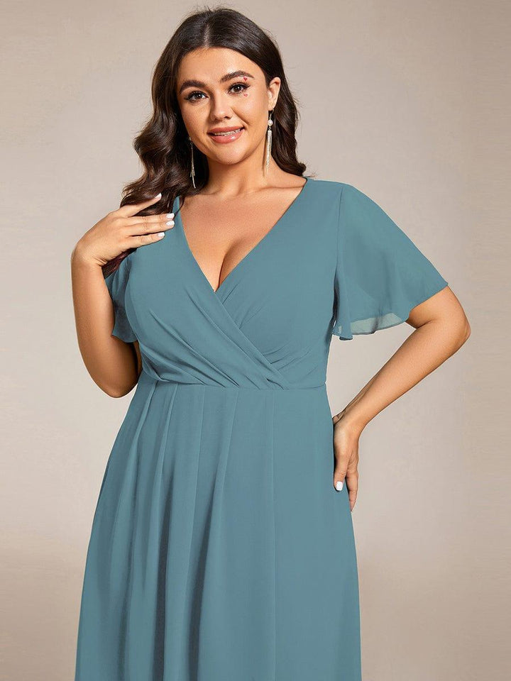 Maya|Ruffles Sleeve Pleated V-Neck A-Line Midi Chiffon Wedding Guest Dress