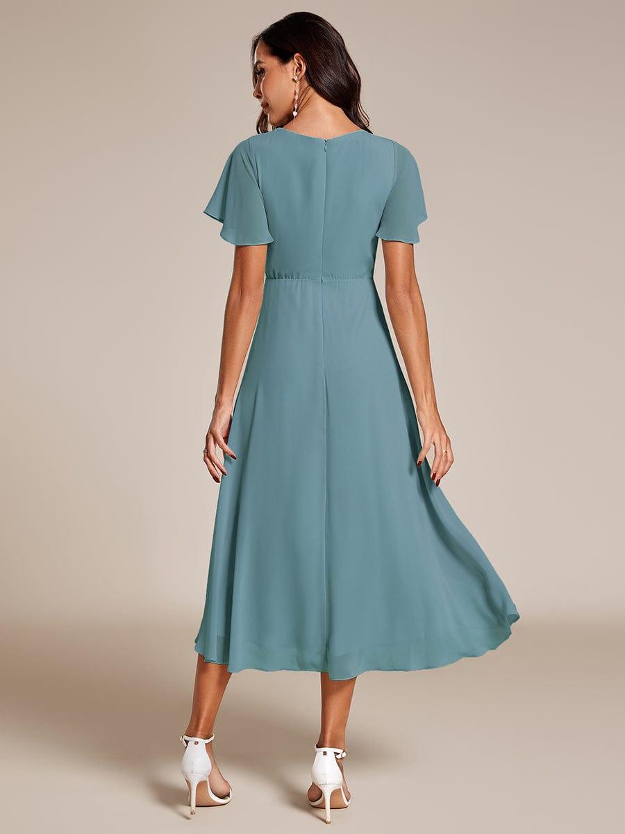 Maya|Ruffles Sleeve Pleated V-Neck A-Line Midi Chiffon Wedding Guest Dress