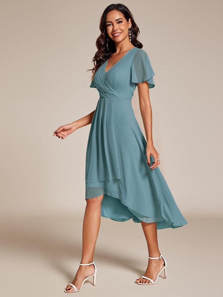 Maya|Ruffles Sleeve Pleated V-Neck A-Line Midi Chiffon Wedding Guest Dress
