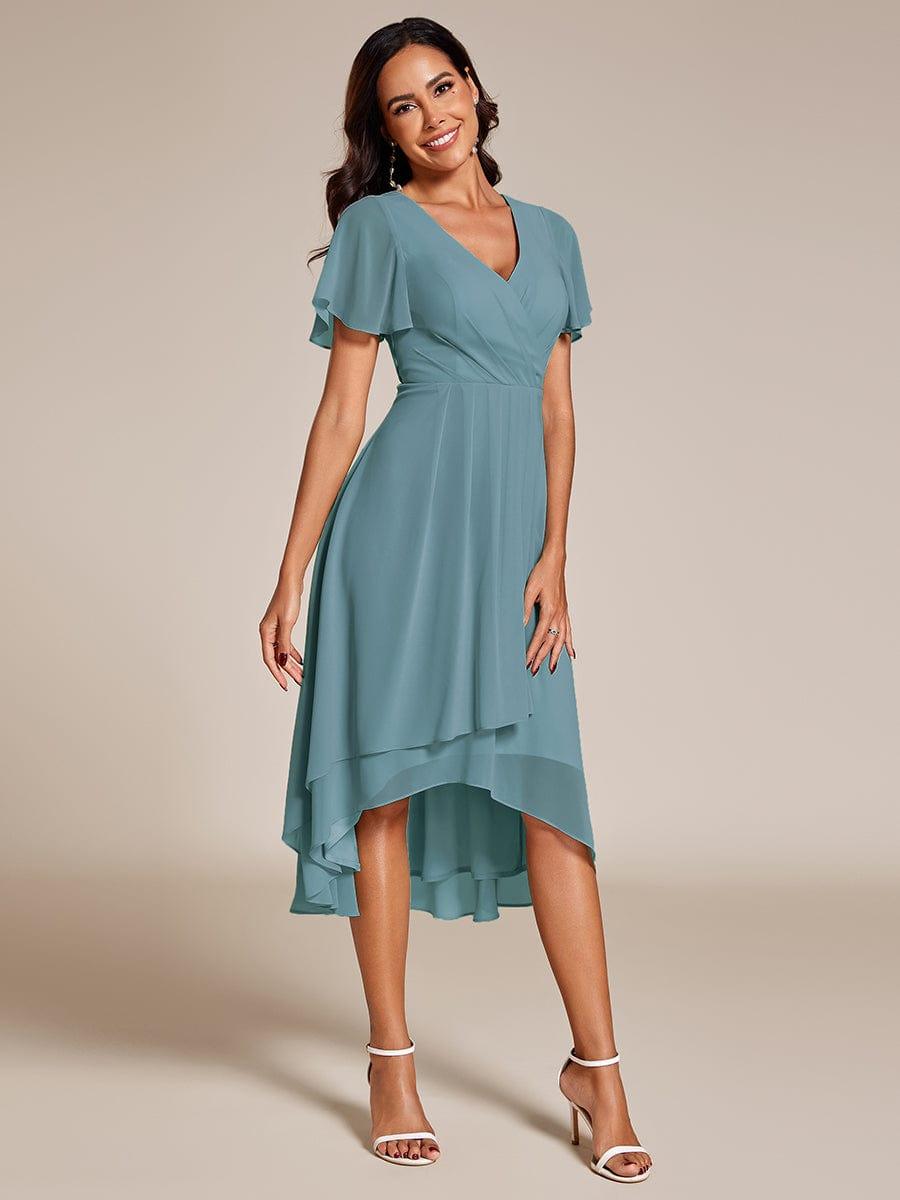 Maya|Ruffles Sleeve Pleated V-Neck A-Line Midi Chiffon Wedding Guest Dress