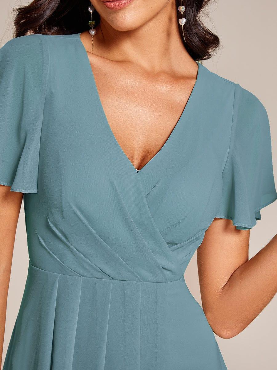 Maya|Ruffles Sleeve Pleated V-Neck A-Line Midi Chiffon Wedding Guest Dress