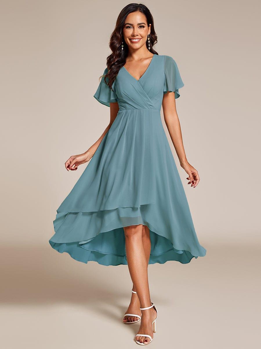 Maya|Ruffles Sleeve Pleated V-Neck A-Line Midi Chiffon Wedding Guest Dress
