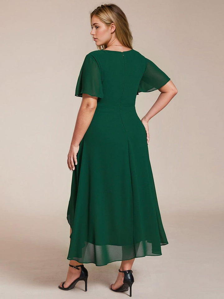 Maya|Ruffles Sleeve Pleated V-Neck A-Line Midi Chiffon Wedding Guest Dress