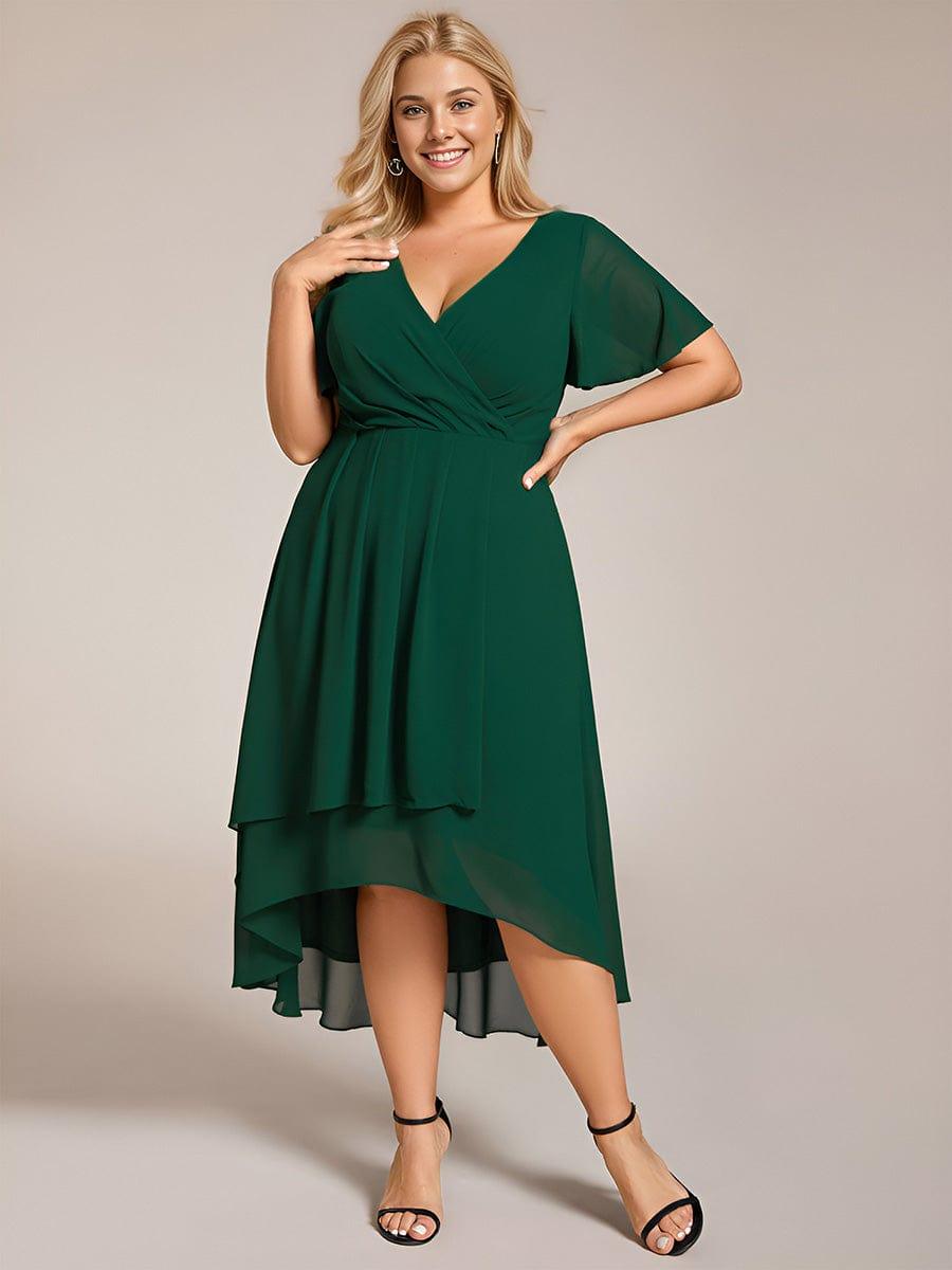Maya|Ruffles Sleeve Pleated V-Neck A-Line Midi Chiffon Wedding Guest Dress