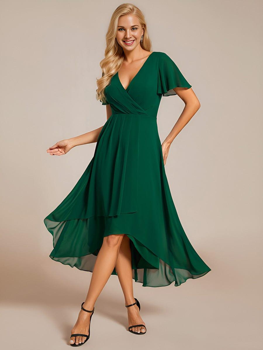 Maya|Ruffles Sleeve Pleated V-Neck A-Line Midi Chiffon Wedding Guest Dress