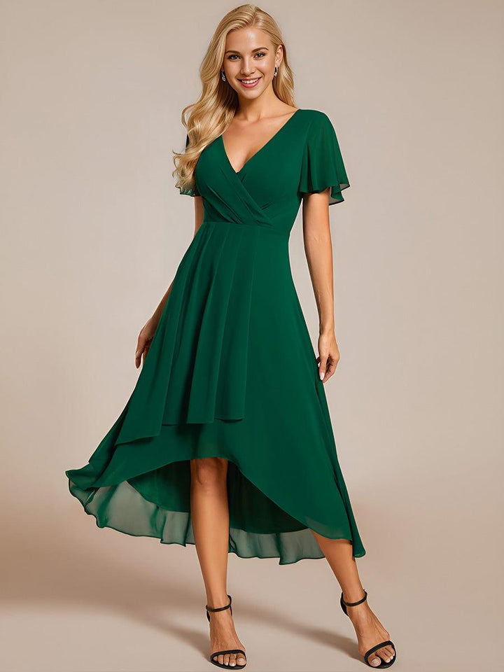 Maya|Ruffles Sleeve Pleated V-Neck A-Line Midi Chiffon Wedding Guest Dress
