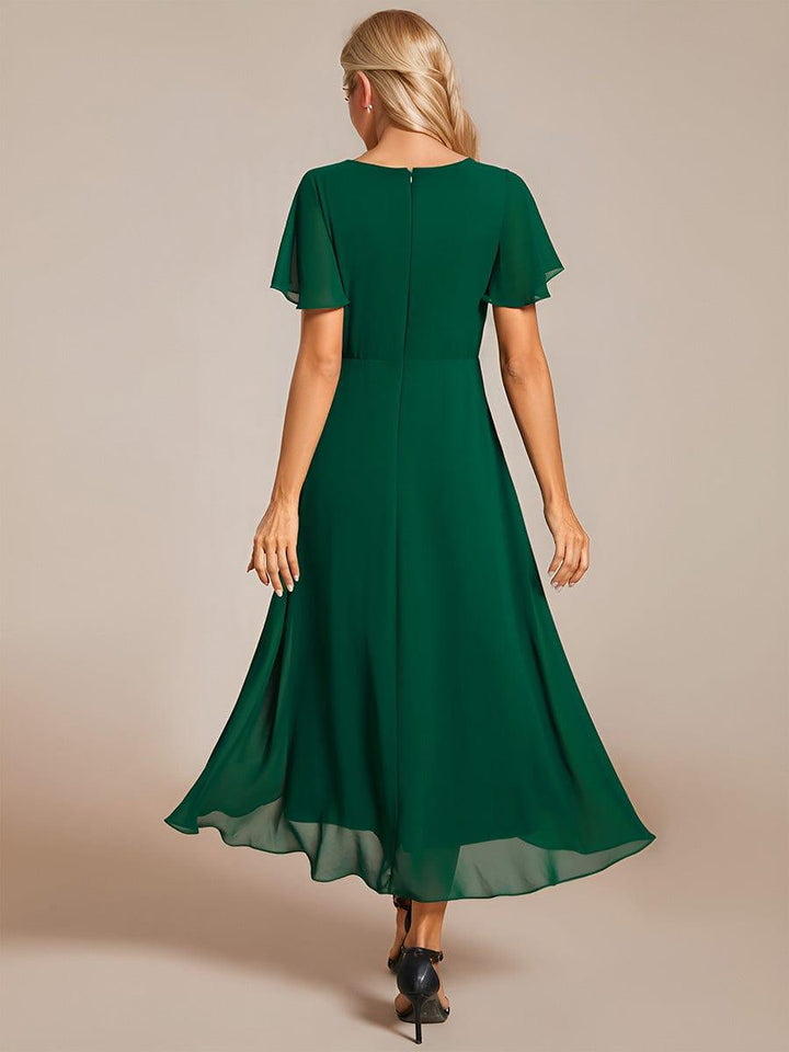 Maya|Ruffles Sleeve Pleated V-Neck A-Line Midi Chiffon Wedding Guest Dress