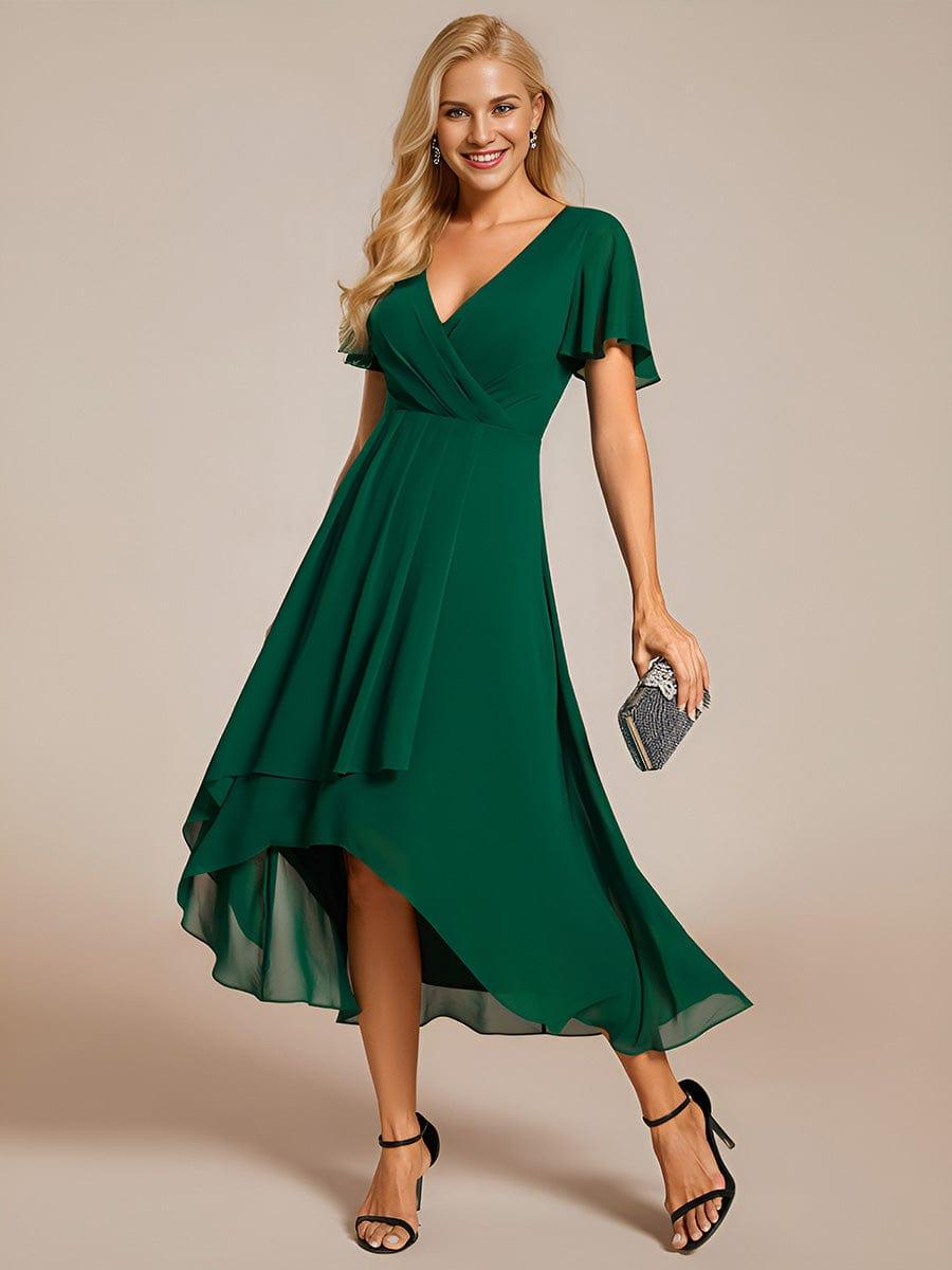 Maya|Ruffles Sleeve Pleated V-Neck A-Line Midi Chiffon Wedding Guest Dress