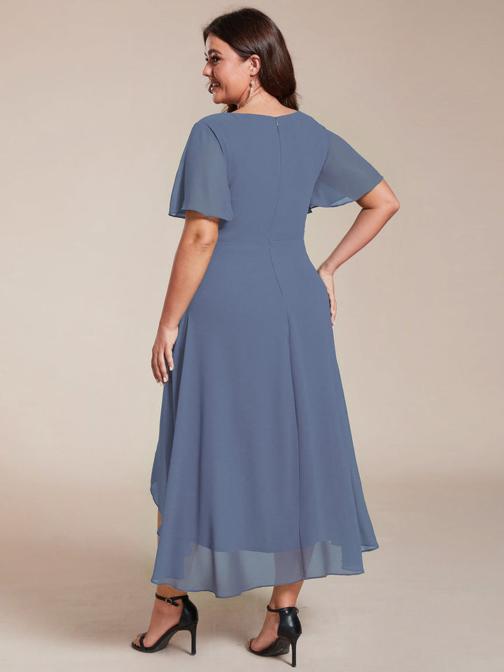 Maya|Ruffles Sleeve Pleated V-Neck A-Line Midi Chiffon Wedding Guest Dress