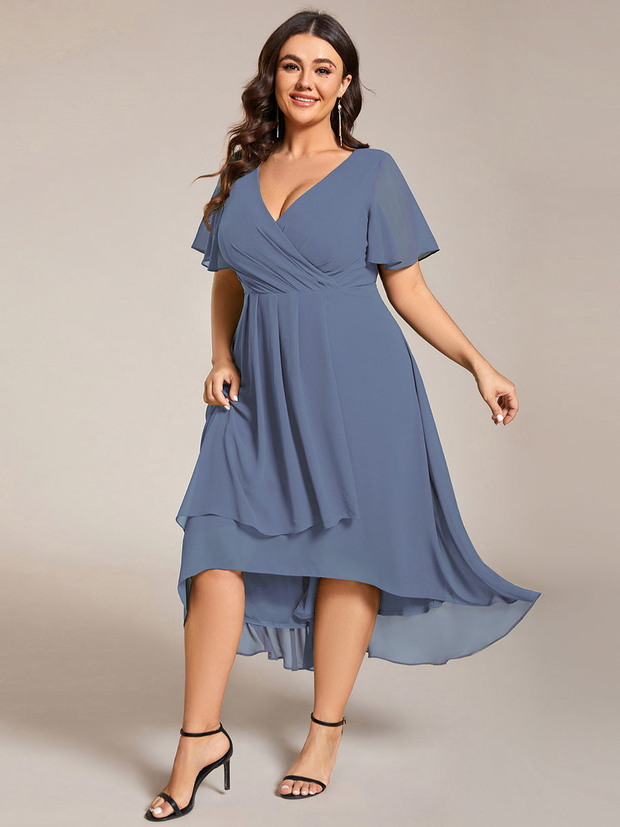 Maya|Ruffles Sleeve Pleated V-Neck A-Line Midi Chiffon Wedding Guest Dress