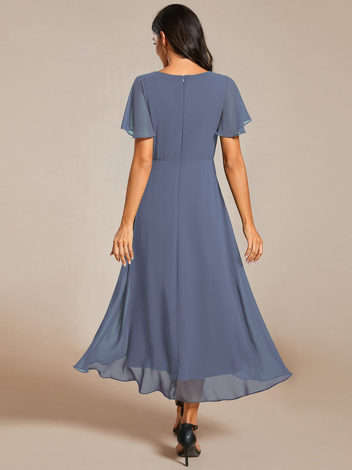 Maya|Ruffles Sleeve Pleated V-Neck A-Line Midi Chiffon Wedding Guest Dress