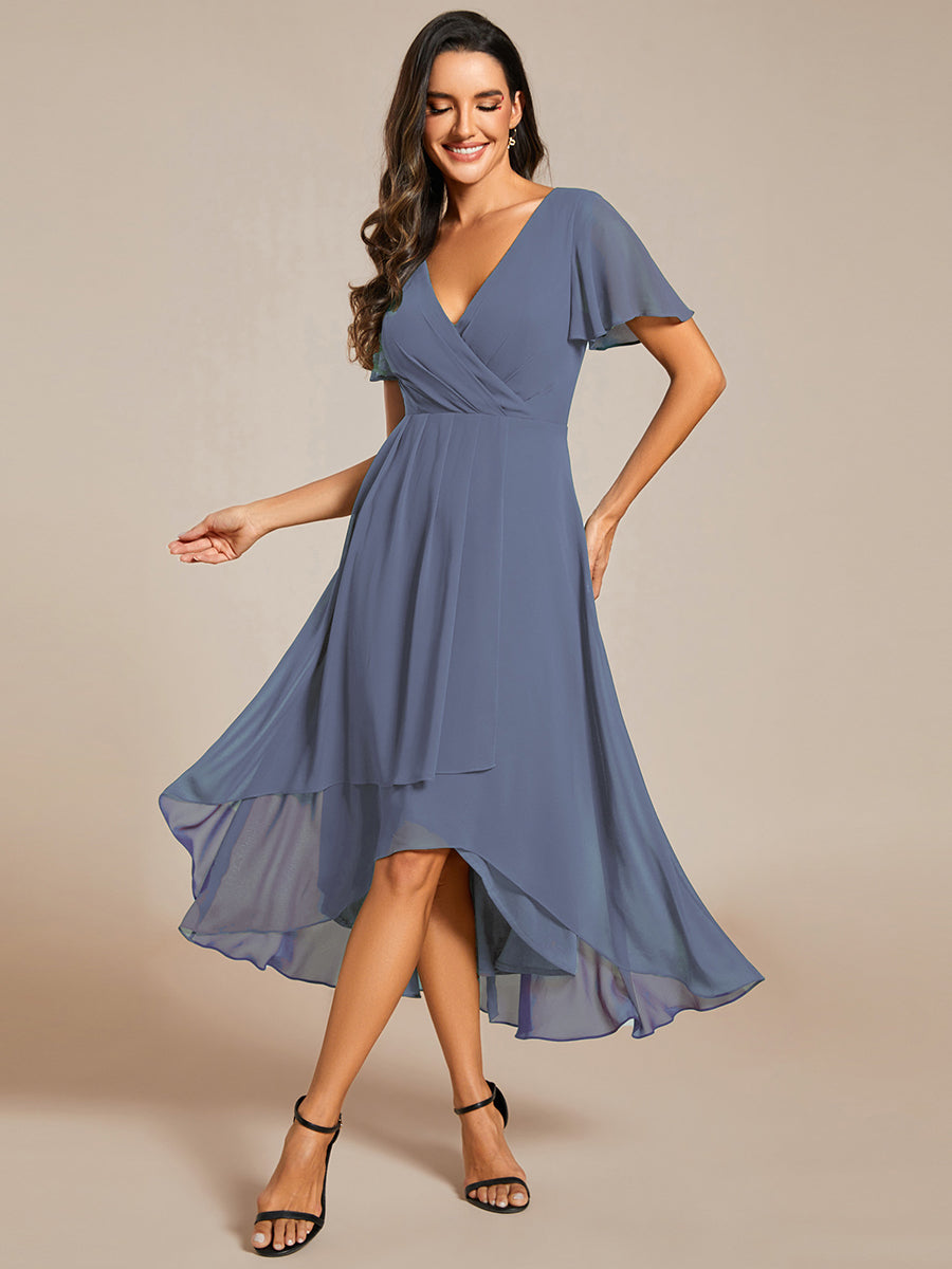 Maya|Ruffles Sleeve Pleated V-Neck A-Line Midi Chiffon Wedding Guest Dress