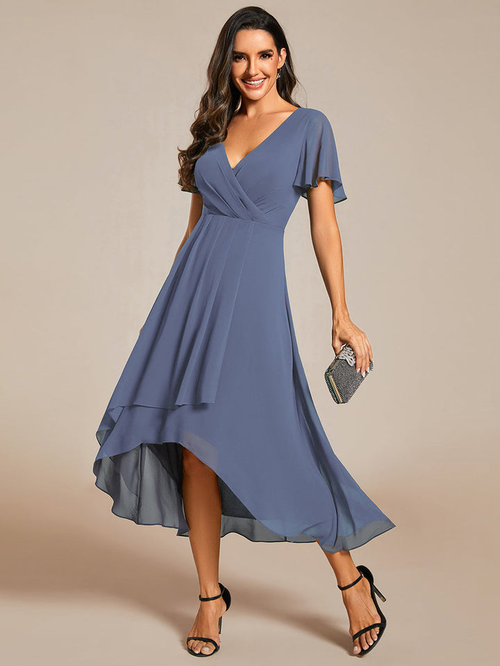 Maya|Ruffles Sleeve Pleated V-Neck A-Line Midi Chiffon Wedding Guest Dress