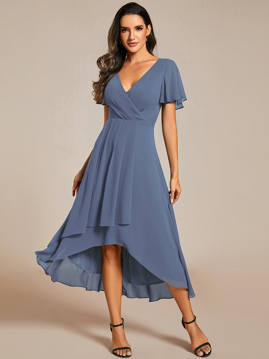 Maya|Ruffles Sleeve Pleated V-Neck A-Line Midi Chiffon Wedding Guest Dress