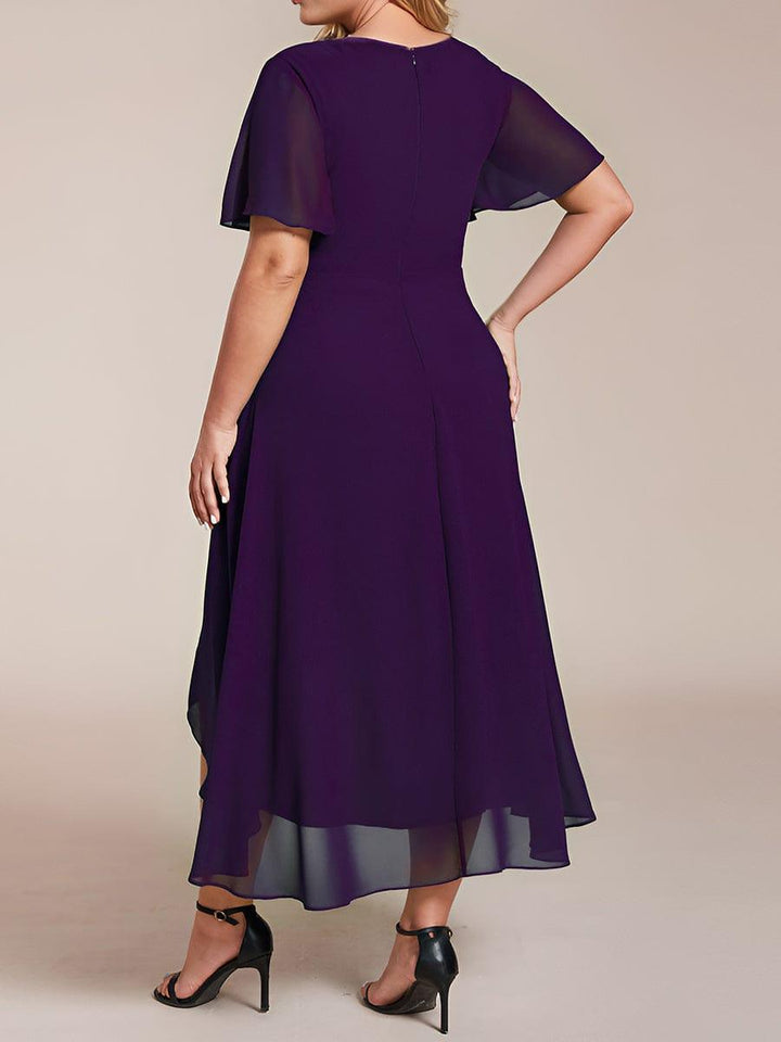 Maya|Ruffles Sleeve Pleated V-Neck A-Line Midi Chiffon Wedding Guest Dress