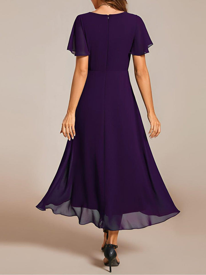Maya|Ruffles Sleeve Pleated V-Neck A-Line Midi Chiffon Wedding Guest Dress