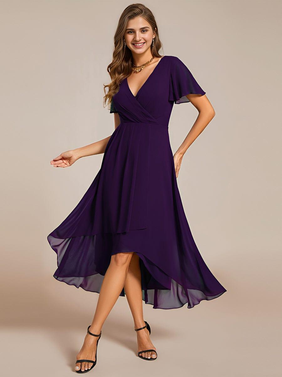 Maya|Ruffles Sleeve Pleated V-Neck A-Line Midi Chiffon Wedding Guest Dress