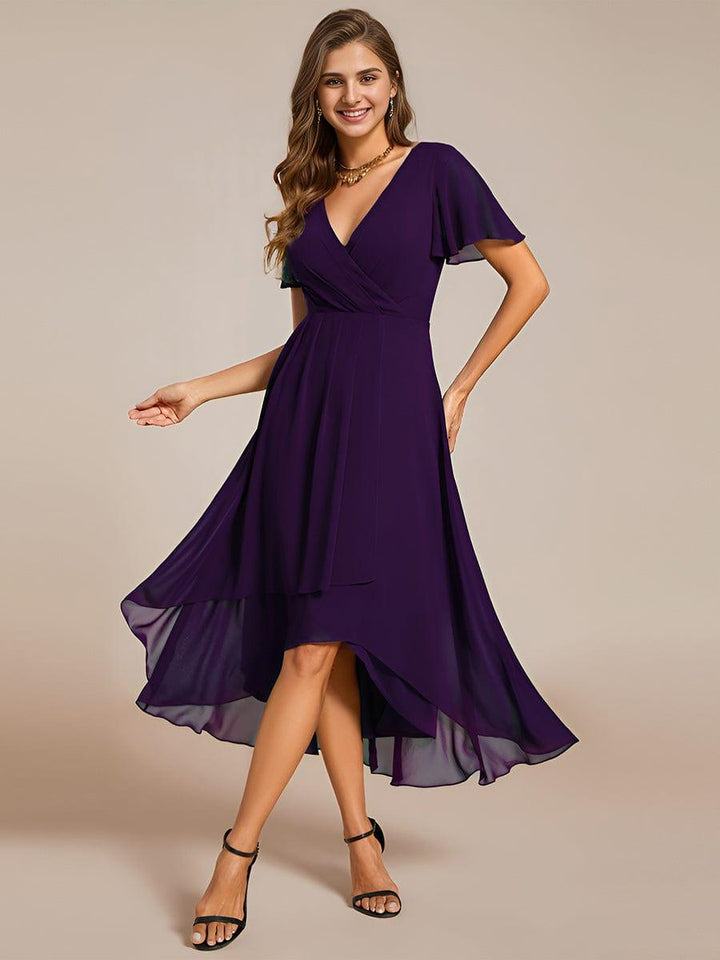 Maya|Ruffles Sleeve Pleated V-Neck A-Line Midi Chiffon Wedding Guest Dress