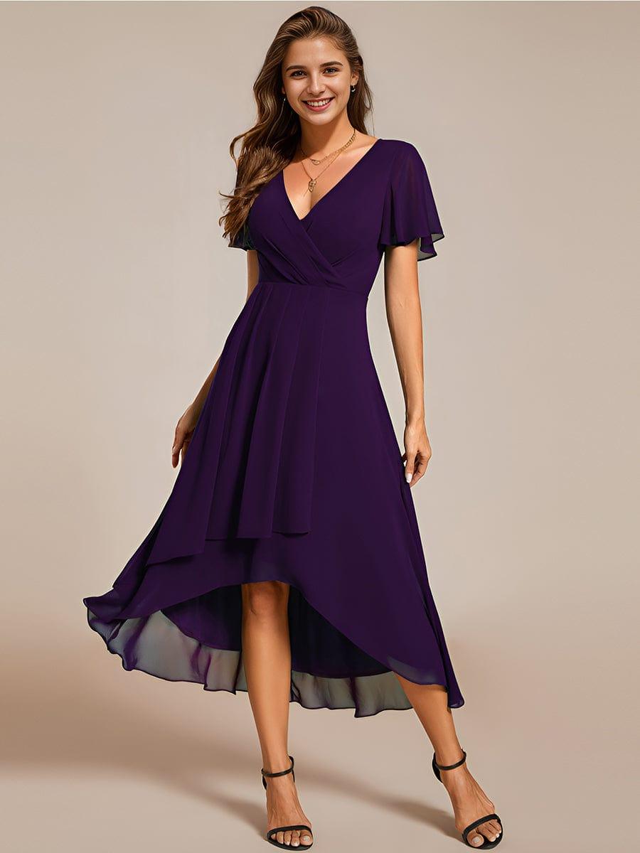 Maya|Ruffles Sleeve Pleated V-Neck A-Line Midi Chiffon Wedding Guest Dress