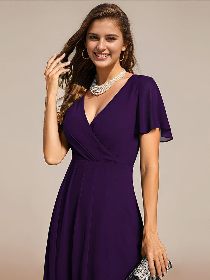 Maya|Ruffles Sleeve Pleated V-Neck A-Line Midi Chiffon Wedding Guest Dress
