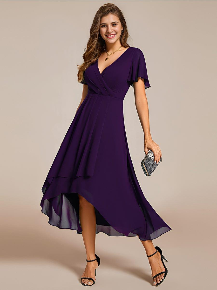 Maya|Ruffles Sleeve Pleated V-Neck A-Line Midi Chiffon Wedding Guest Dress