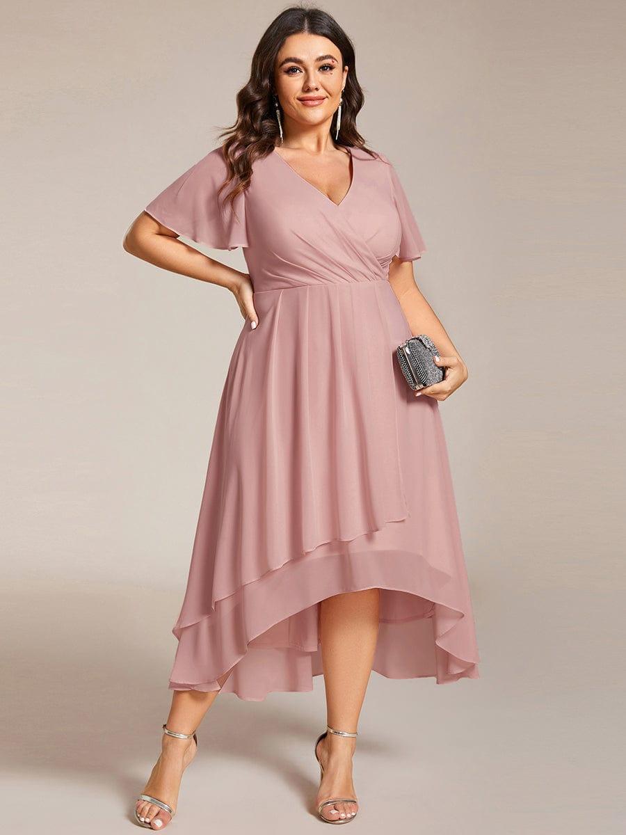 Maya|Ruffles Sleeve Pleated V-Neck A-Line Midi Chiffon Wedding Guest Dress