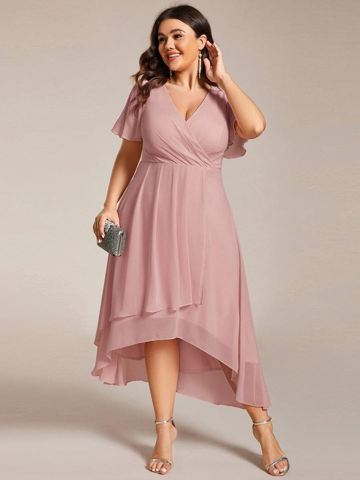 Maya|Ruffles Sleeve Pleated V-Neck A-Line Midi Chiffon Wedding Guest Dress