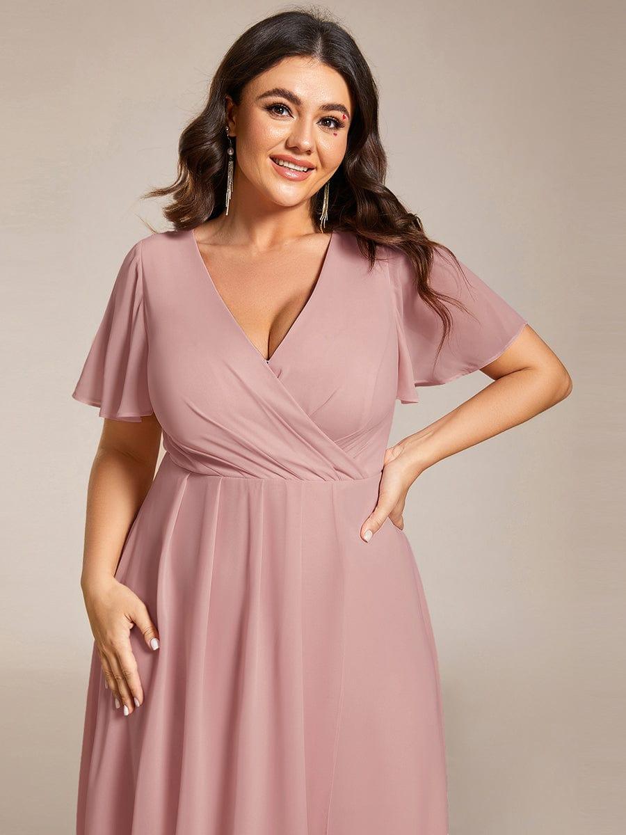 Maya|Ruffles Sleeve Pleated V-Neck A-Line Midi Chiffon Wedding Guest Dress
