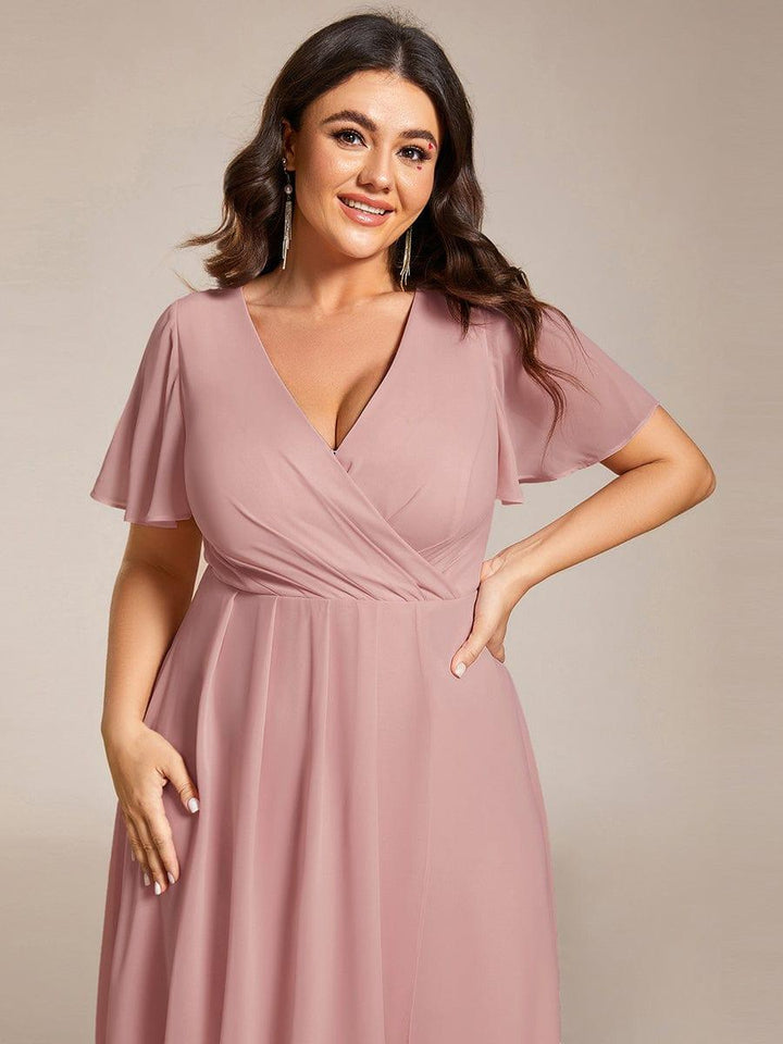Maya|Ruffles Sleeve Pleated V-Neck A-Line Midi Chiffon Wedding Guest Dress