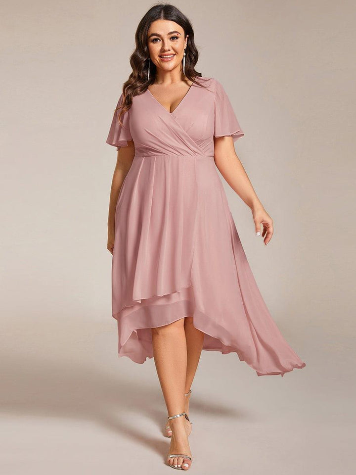 Maya|Ruffles Sleeve Pleated V-Neck A-Line Midi Chiffon Wedding Guest Dress