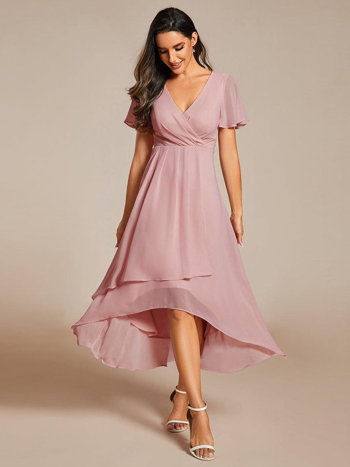 Maya|Ruffles Sleeve Pleated V-Neck A-Line Midi Chiffon Wedding Guest Dress