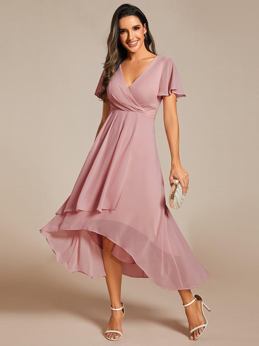 Maya|Ruffles Sleeve Pleated V-Neck A-Line Midi Chiffon Wedding Guest Dress