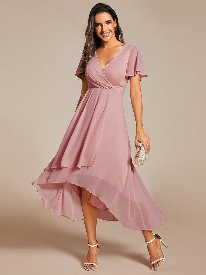 Maya|Ruffles Sleeve Pleated V-Neck A-Line Midi Chiffon Wedding Guest Dress